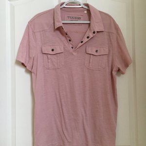 GUESS Mens Casual Polo Collared Shirt Chest Pockets Mauve Pink XL Short Sleeves